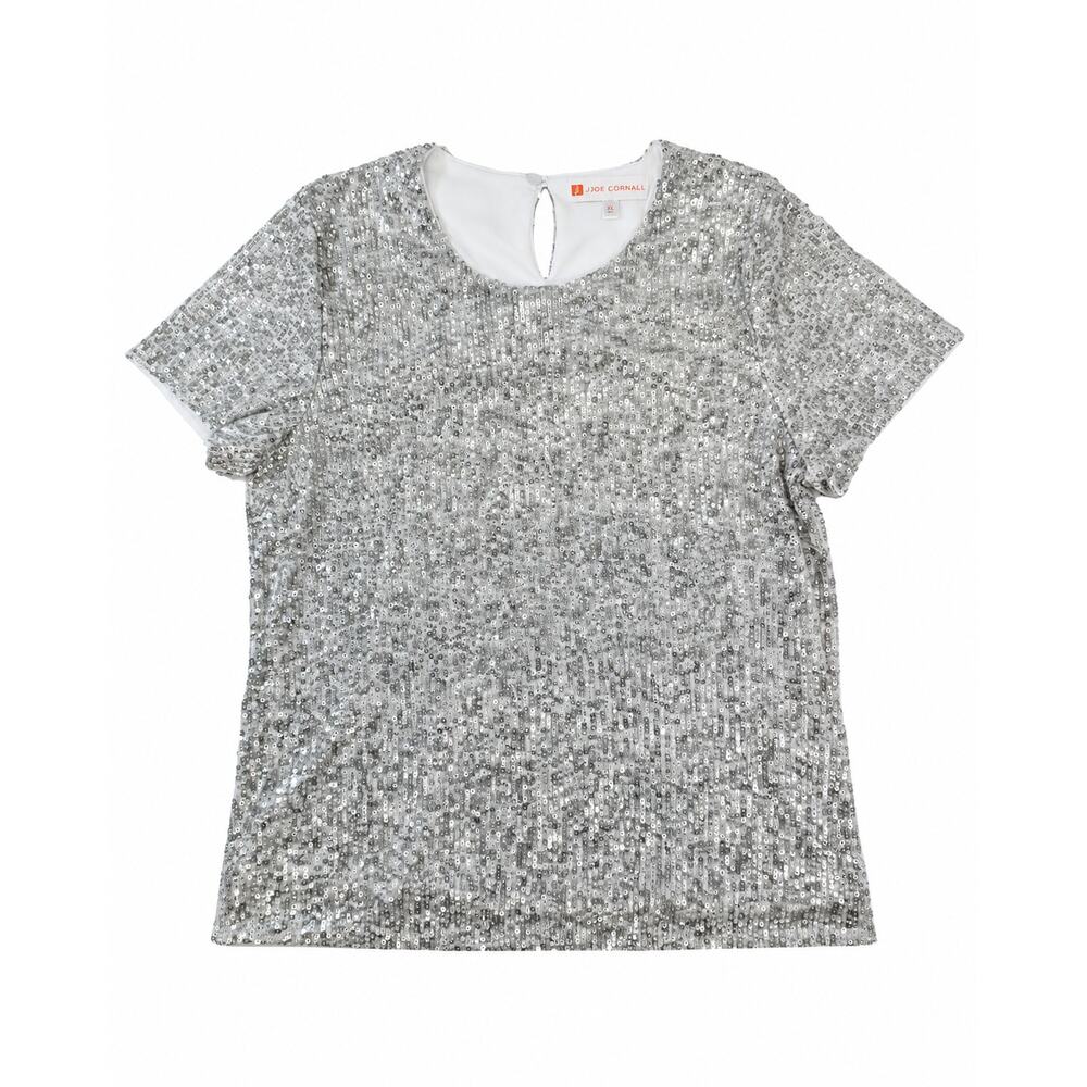 Jude Connally Womens Size S Silver Sequin Short Sleeve Party Cocktail Top